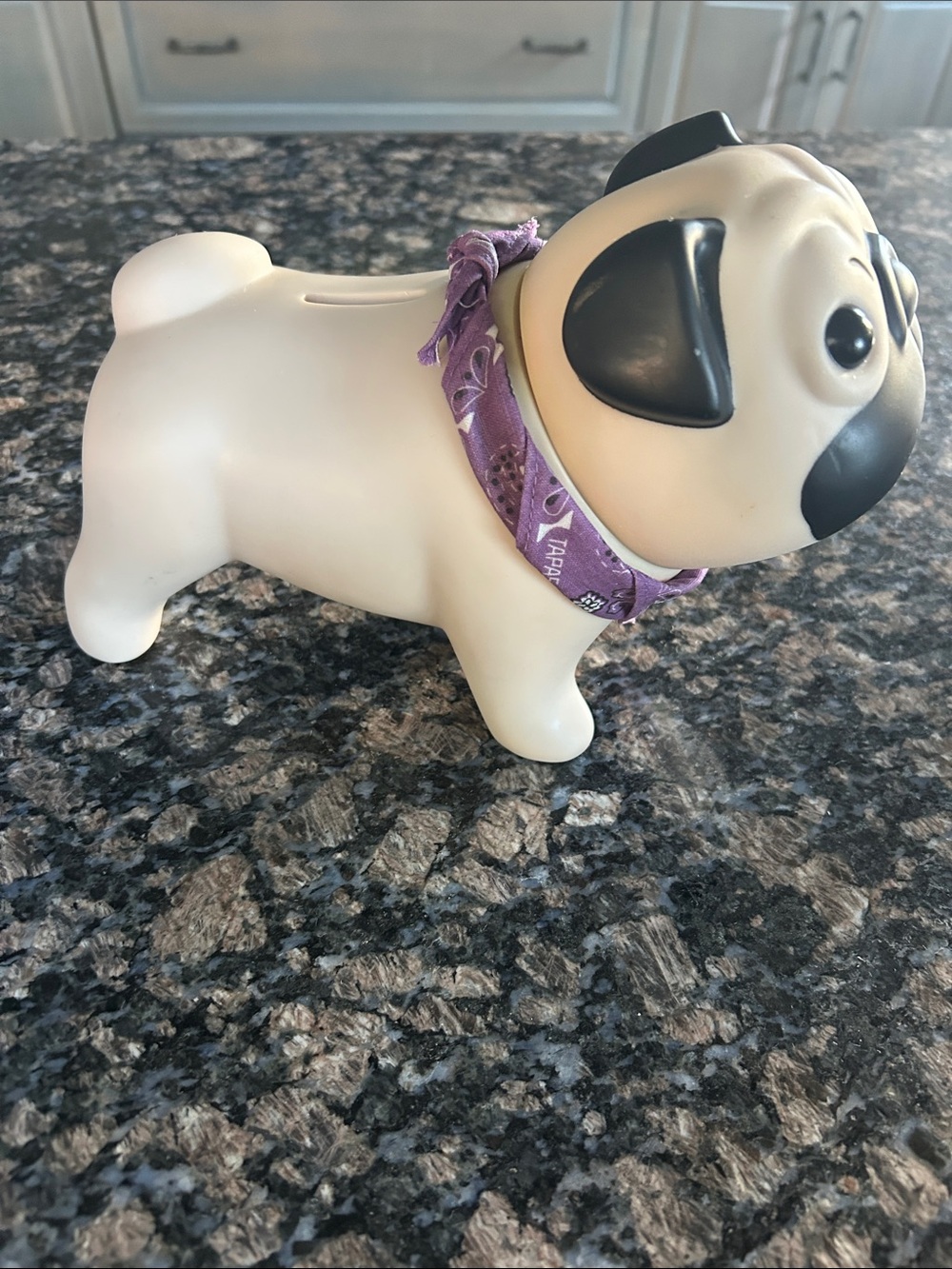 TAPAS  PUG DOG BANK WITH PURPLE BANDANNA